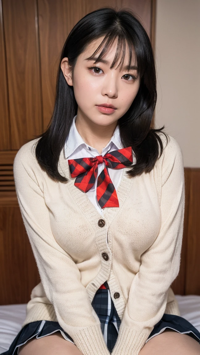 (((8k、High resolution、Highest quality、High resolution)))alone、Natural body shape、White skin、Natural Makeup、Black Hair、bangs、Straight Long Hair、、((High School Uniform)) 、((Beige cardigan、white collared long sleeve blouse))、((Red checkered pleated skirt))、(red school ribbon)、、(Big Breasts:1.3)、((The upper body is wearing a uniform))、(Looking at the camera)、(((Head to shin portrait)))、(((Exposing your thighs)))、Bedroom、On the bed、Sit with your legs apart、((Focus on the crotch))、White socks