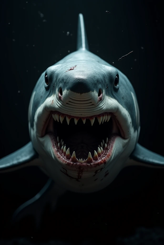 scary shark intimidating the camera with its look and injuries, black background cuts