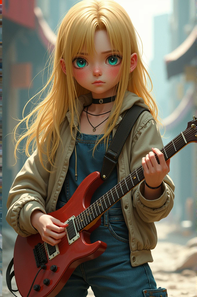 A girl with long, shiny blonde hair. ocean blue eyes. And a white skin. She has a flushed face. She&#39;s kind of mad. She wears baggy rock clothes. She is short and is holding a guitar.. not anime style 