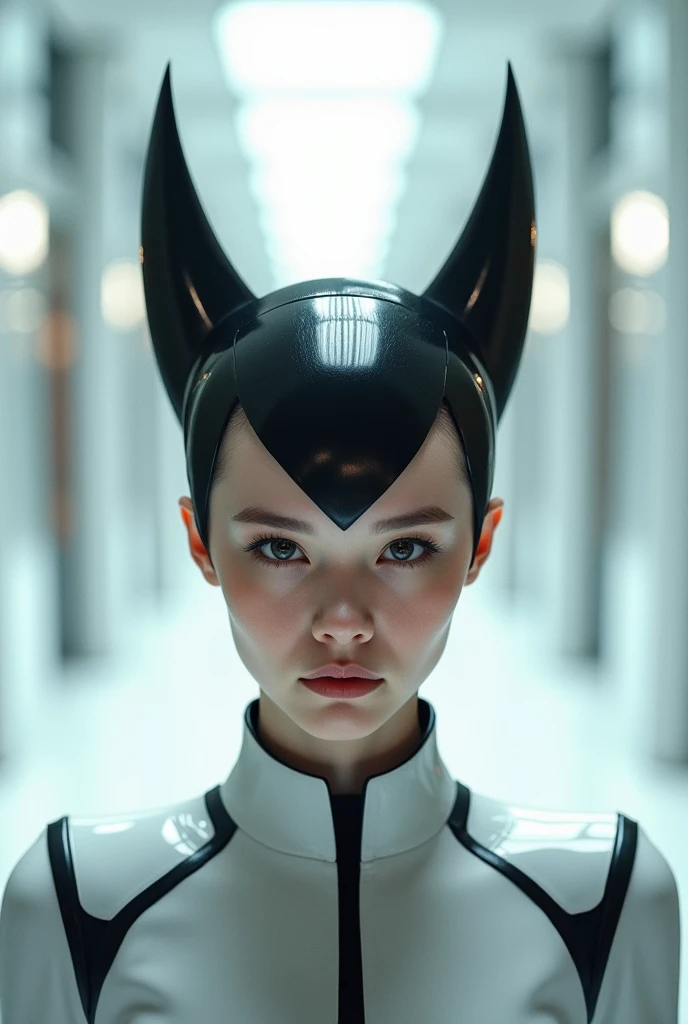 (an alien female character:1.2) with white skin, black eyes, and an otherworldly aura, the background is the cockpit of a spacecraft