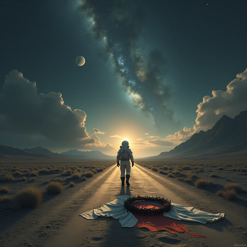A long and rocky road at the end of a Cross , in outer space, planets , galaxies , constellations , stars , a crown of thorns lying on the ground , a garment thrown on the ground , a blood mark and an Astronaut