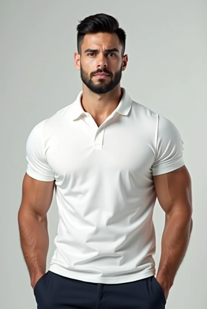 Create a man who has the following characteristics: 175cm tall, 85kg weight, short black hair, White polo shirt.