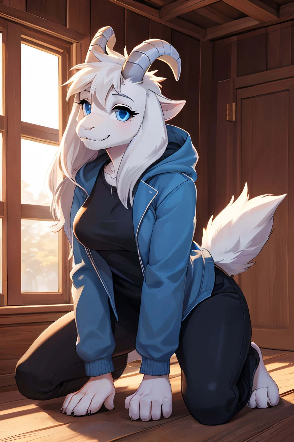 woman,  adult, alone, in a house, hairy, goat, anthropomorphic goat, Asriel, Undertale (Asriel Dreemurr), medium large breasts, big ass, medium hips, perfect body, petite (5'1" tall), ( long hair, long white hair), long hair, blue eyes, anthropomorphic face, cartoon, smile, eskimo coat (blue coat, no drawing, eskimo coat), metacarpal paw, black blouse ((black shirt, black pants) ), goat's tail, short horns, white horns ((drop ears, big ears)), goat's paw, anthropomorphic paw, sexy pose, NSFW, sensual pose, pose on all fours, quadrupedal position, best framing, detailed, best quality , better detail, details and quality.