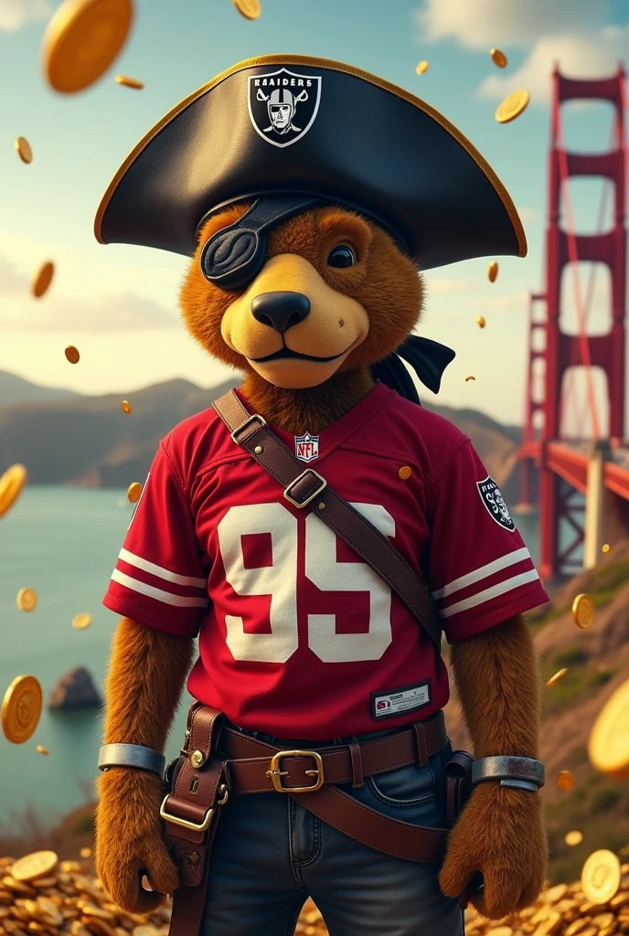 A young human gold miner like Sourdough Sam, san francisco 49ers mascot, with the 49ers jersey and 49ers symbol but the face being the pirate from the raiders symbol with an eye patch and black raiders pirate hat in the background being the golden state bridge with gold coins falling from the sky