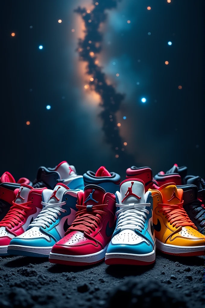 A photo showing a collection of multi-colored Jordan sneakers with a dark background and stars and galaxies