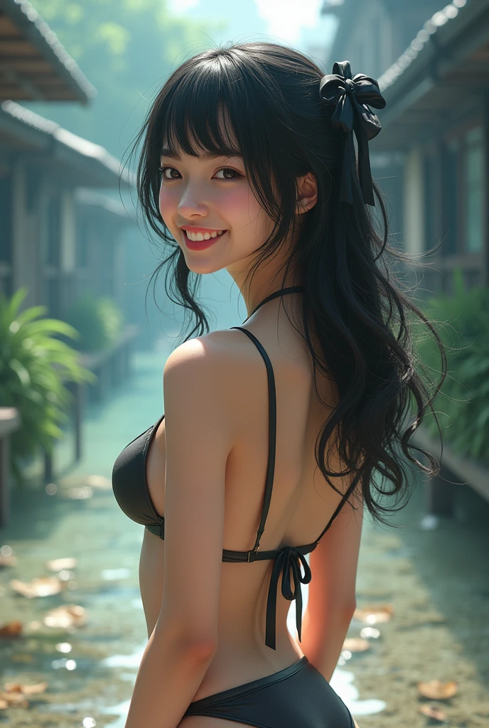 South Korean girl, 12 years old, alone, full body, wearing micro bikini, beautiful, mischievous smile, sexy, perfect eyes, perfect face, 4k, high resolution, photorealistic, human pellet, super wide hips