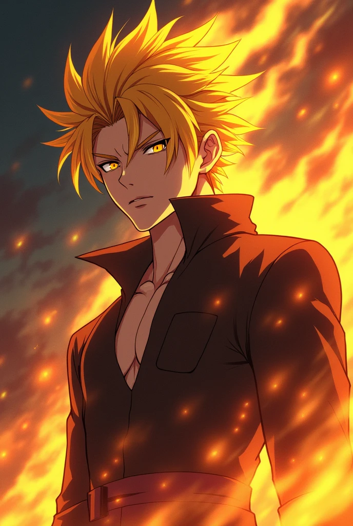 Yellow hair, yellow eyes, handsome, 2, anime, strong, cold, dangerous, serious, fire-breathing, non-radioactive,