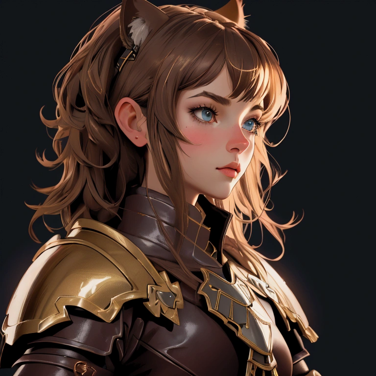 envision a 8k, highres, cinematic, beautiful close up portrait of a girl with pretty mature features with brown hair, animal ears, leather armor, fantasy armor, jrpg inspired armor, tail, in dark lighting, against a dark gray background