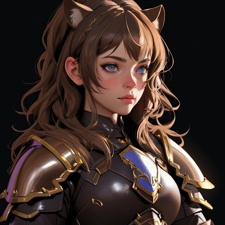 envision a 8k, highres, cinematic, beautiful close up portrait of a girl with pretty mature features with brown hair, animal ears, leather armor, fantasy armor, jrpg inspired armor, tail, in dark lighting, against a dark gray background