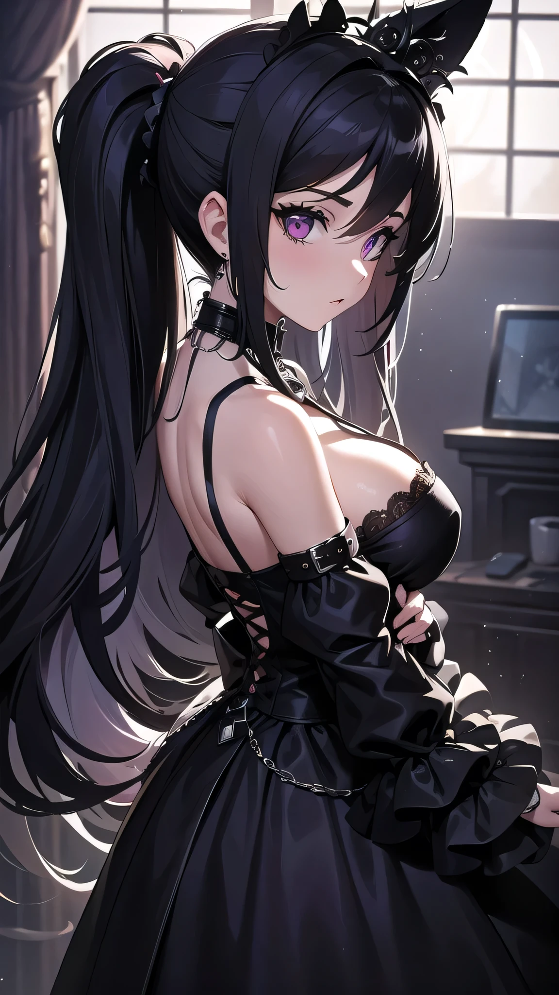 All intrincate details: "A side view illustration of Csilla, A 1 with a body identical to Priscilla Ricart with a distinctive combination of punk and gothic style. In this view, Csilla's long wavy blue hair can be seen falling to one side, showing her two braids adorned with large bows and silver flower-shaped brooches. His deep blue eyes are visible from the side, keeping a serene and melancholic look. She is wearing a white blouse with lace and sheer details., with a wide V-neckline adorned with a black cross. Her black miniskirt with a decorative belt, which includes pendants such as a crescent moon shaped amulet, It is also visible from the side. Csilla's legs show a black fishnet stocking on one leg and a white bandage with a black cross on the other.. She is wearing black fingerless gloves, with one of them featuring a mesh design, and black shoes with buckles, combined with white socks with ruffles. The background is a futuristic cityscape, but the focus is on Csilla's side profile, capturing its unique and detailed appearance"