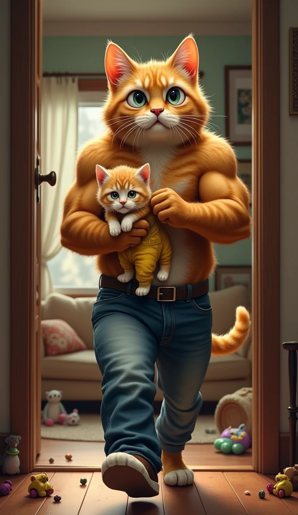 The six pack father cat wearing jeans outfit, a tall with wide, worried eyes, holds his sick crying kitten wearing yellow jeans outfit in his arms. He's standing by the door, ready to rush out, while the background shows a homely living room with furniture and scattered toys.