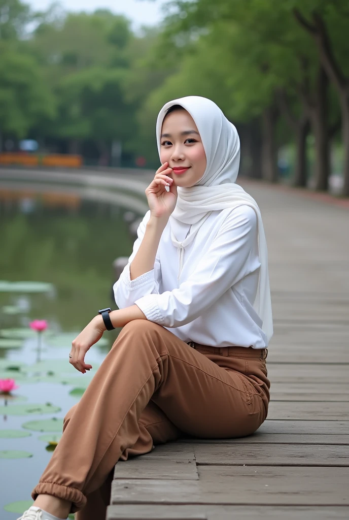 beautiful Indonesian woman , berkulit white mulus, well-groomed face,wearing fuchsia hijab, ,kemeja white white kotak-kotak hitam kaos warna fuchsia berlogo Santi, brown cargo pants, cool watch,
sepatu white, pose staring,smile,sitting in the middle of the bridge looks very long..,left right bridge lake very beautiful, there are red lotus flowers. Pink,,white, decorate the pool, The background is visible from a distance, the traditional cafes lined up on the edge of the lake are truly amazing.. Original photo ,Realistic