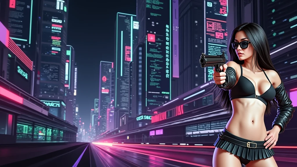 Matrix inspired futuristic cityscapes with colorful all-glass outlined towering skyscrapers with lightning, flying vehicle. High-resolution OLED GUI interfaces in the building, The windows are filled with transparent data visualization infographics that show it all, very close-up green glowing cascading code. Colors are saturated and vibrant. At night, (1 female assassin crouching on a skateboard, solo, alone), photorealistic, large-breast slim:0.6 body, oval:0.5 face, black mini bra, cleavage:1.1, deep-v, very low angle view of black pleated miniskirt, white panty, (upskirt), glove, (Matrix style black micro sunglasses), (aiming viewer with a short gun), dynamic skateboard jumping pose, (full-body thigh level close-up:2.0 shot), cinematic lighting, ray tracing, motion blur background.