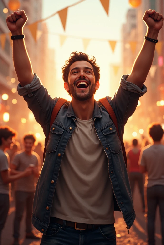 A realistic image of a person celebrating a significant achievement. The scene shows the person in a moment of triumph, surrounded