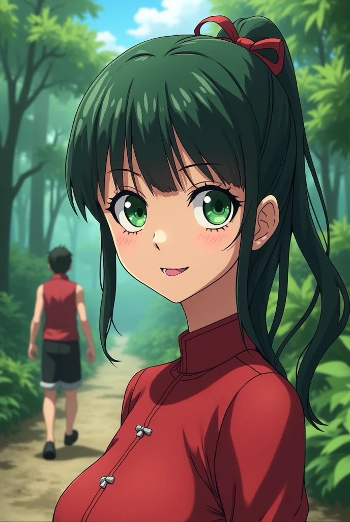 one piece screenshot, 1 woman, green and slanted eyes, with long eyelashes, thin face and white skin, pink lips, by the wide, straight, red in color, with a good body, In the background is a forest with Zoro walking behind, with a smile, One piece drawing style