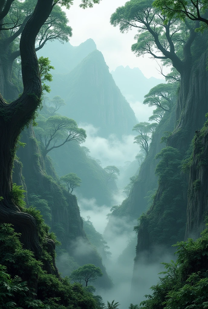 Explore the breathtaking landscapes of misty mountain jungles., Lush vegetation and misty vines rendered in stunning UHD quality.