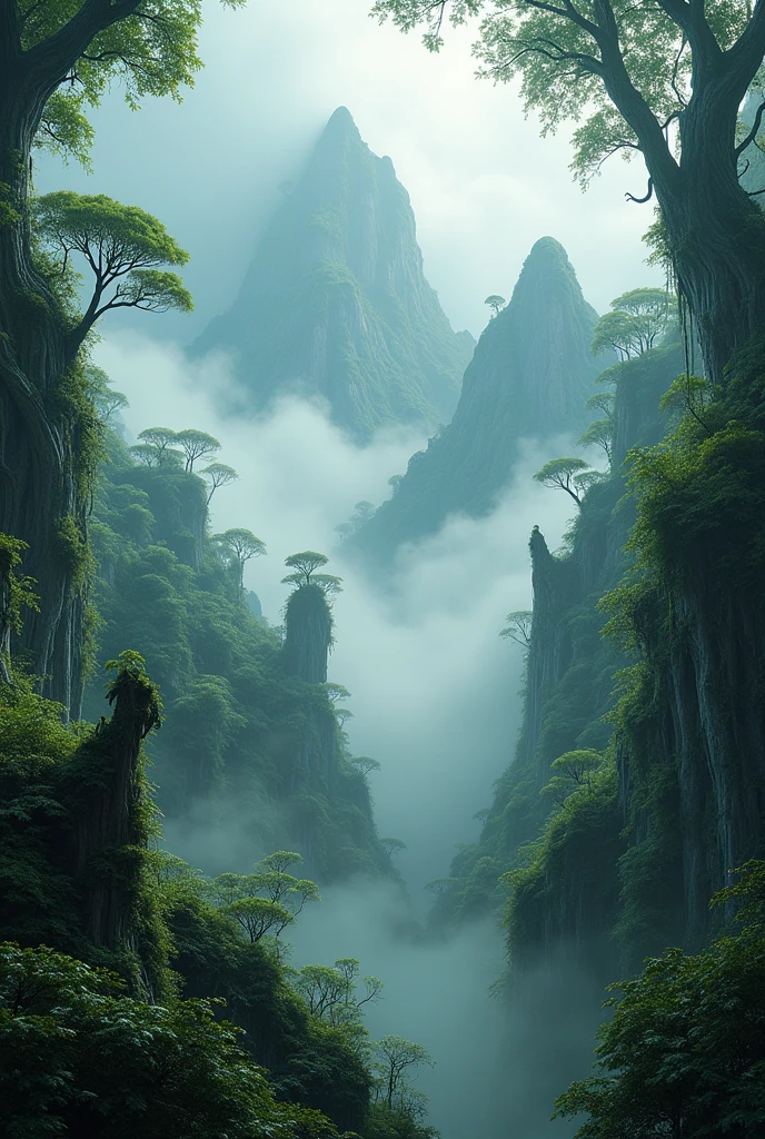 Explore the breathtaking landscapes of misty mountain jungles., Lush vegetation and misty vines rendered in stunning UHD quality.