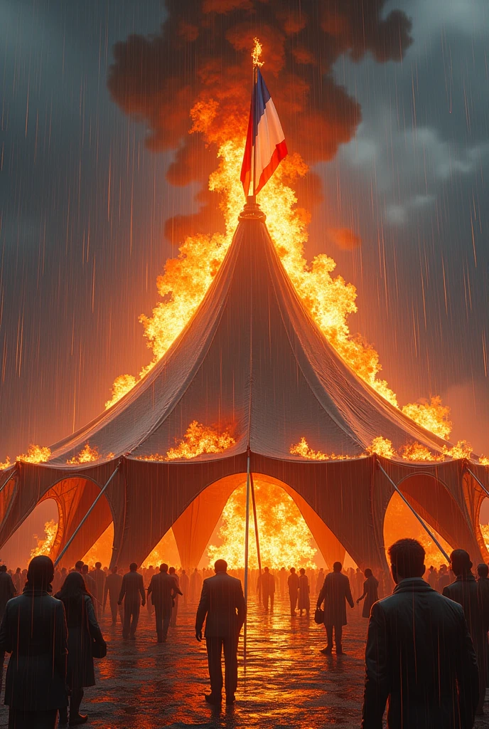 Large four-legged tent for a party on fire with a burning French flag and lots of rain