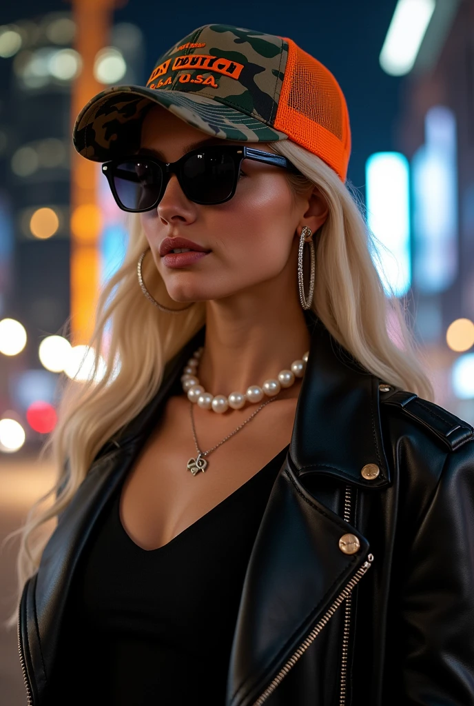 Margot Robbie, 20 years , a stylish young woman in an urban night setting, wearing a camouflage trucker hat with orange mesh back branded 'Von Dutch, U.S.A.', long platinum blonde hair, all-black outfit with a sleek black leather jacket over a black top. Adorned with large hoop earrings, a pearl necklace, and a short necklace with a Gemini symbol (♊). Wearing dark sunglasses, with illuminated skyscrapers and construction cranes in the background. Medium shot from waist up.