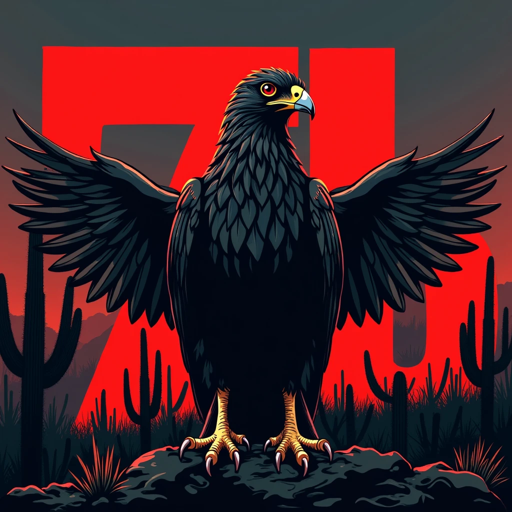 Create a flag with black cacti in the background with a caracara and behind the caracara the name 7b in large red, making the flag look like an organized fan club