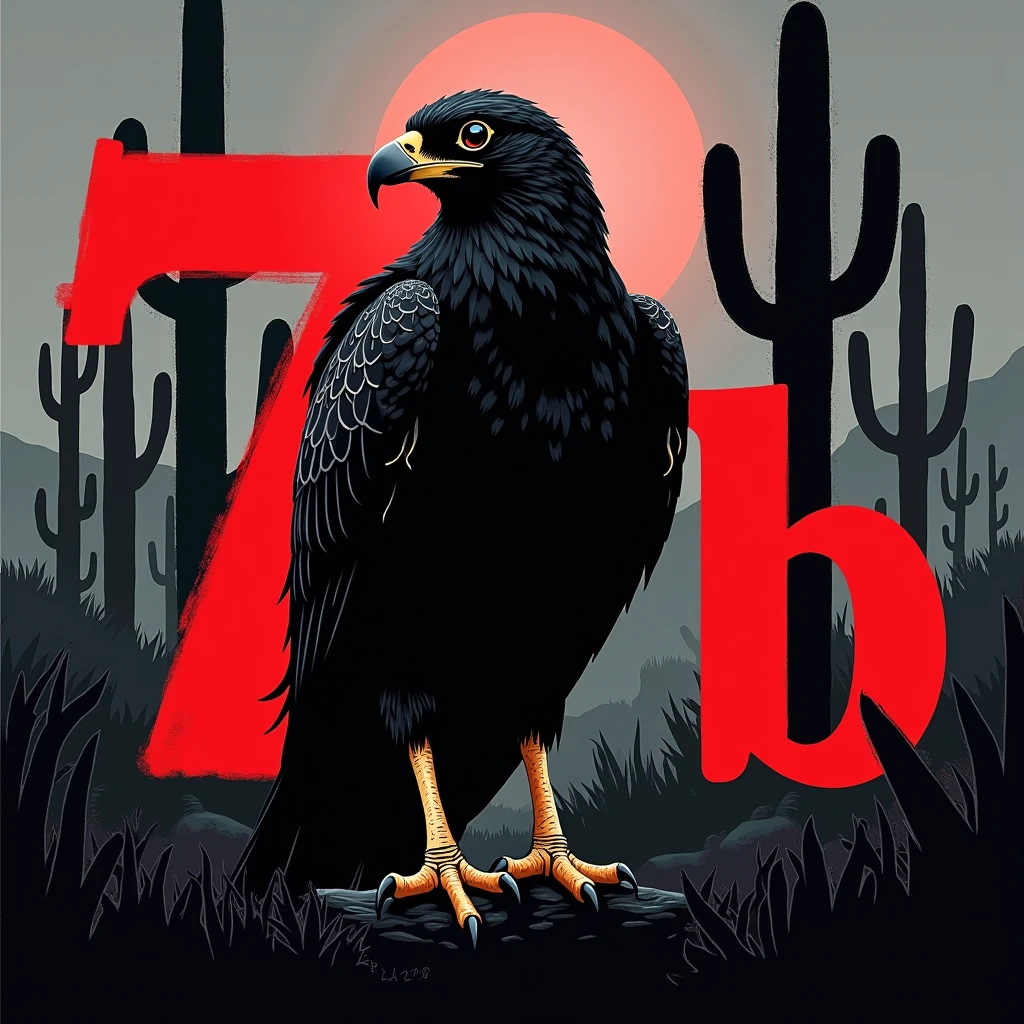 Create a flag with black cacti in the background with a caracara and behind the caracara the name 7b in large red, making the flag look like an organized fan club
