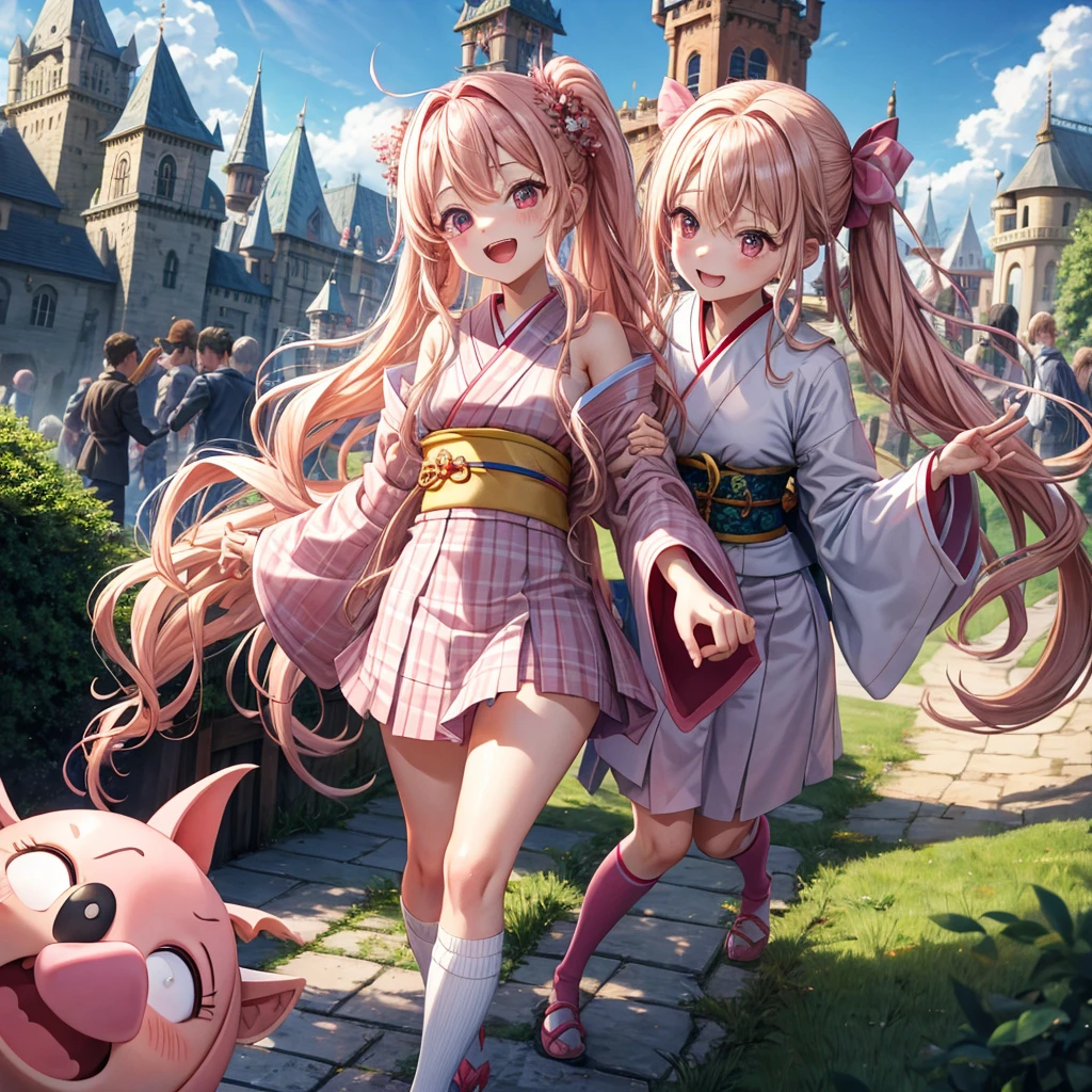 Pink Blonde、Red eyes、Wavy Hair、Hair tied up、Two cute、Checked mini skirt、kimono、Light clothing、Shoulders stick out、Knee-high socks、Teeth are visible、Monster Castle、Tilting face、grass、In front of the city gates、Underground tunnels、Iron suspension bridge、The stone is cracked、Giant wood、There is a step on the ground、Piglet、it&#39;s raining、Holding a sword、Cobblestones、The light is pouring down、Stone Wall