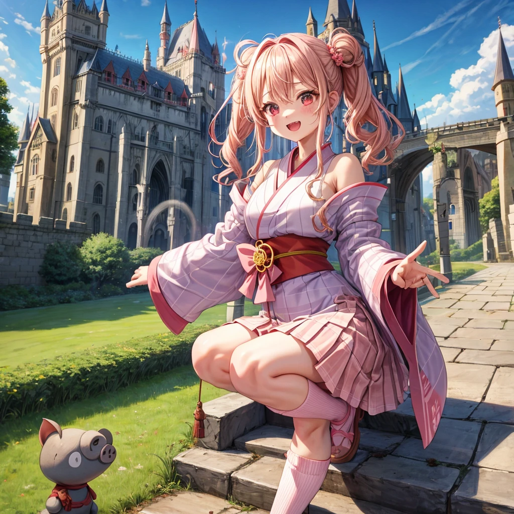 Pink Blonde、Red eyes、Wavy Hair、Hair tied up、Two cute、Checked mini skirt、kimono、Light clothing、Shoulders stick out、Knee-high socks、Teeth are visible、Monster Castle、Tilting face、grass、In front of the city gates、Underground tunnels、Iron suspension bridge、The stone is cracked、Giant wood、There is a step on the ground、Piglet、it's raining、Holding a sword、Cobblestones、The light is pouring down、Stone Wall