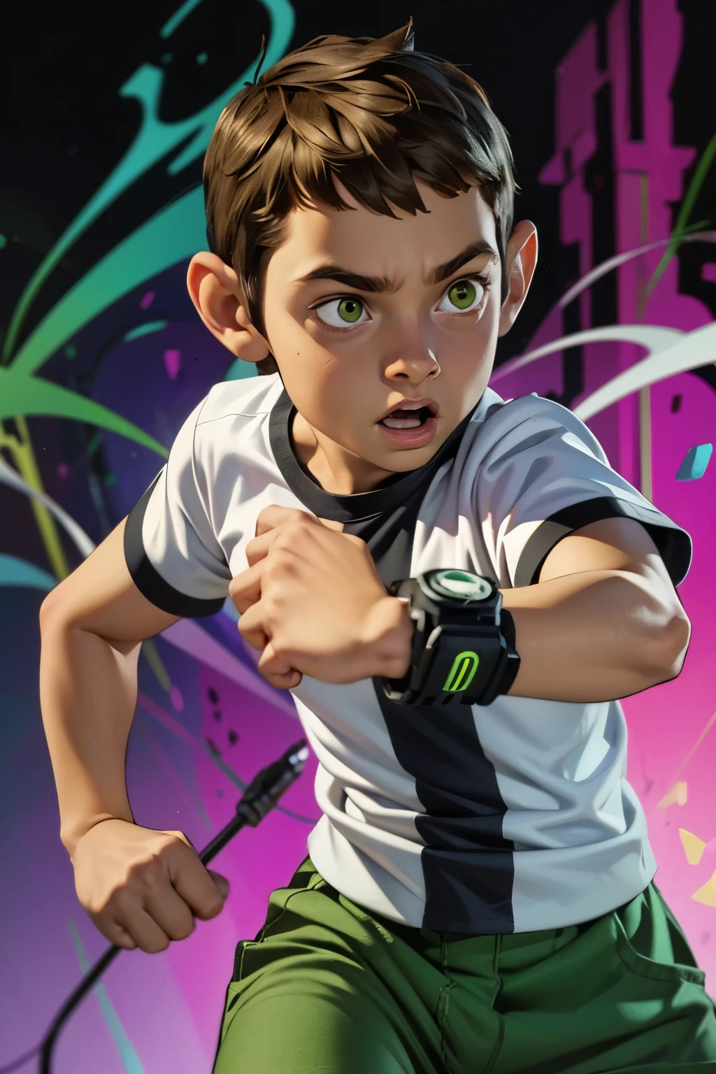 Movie poster, Ben 10 (((A child, *** ))), brown eyes, (((wearing a white outfit with black stripe in the center, green pants))) , showing fist. (Omnitrix on arm)) . (Action facial expression ) . highy detailed, face detailed, realisitic, cinematic lighting, studio quality, proffesional, face detailed, intrikate, bright coloured. ((abstract lighting background)).