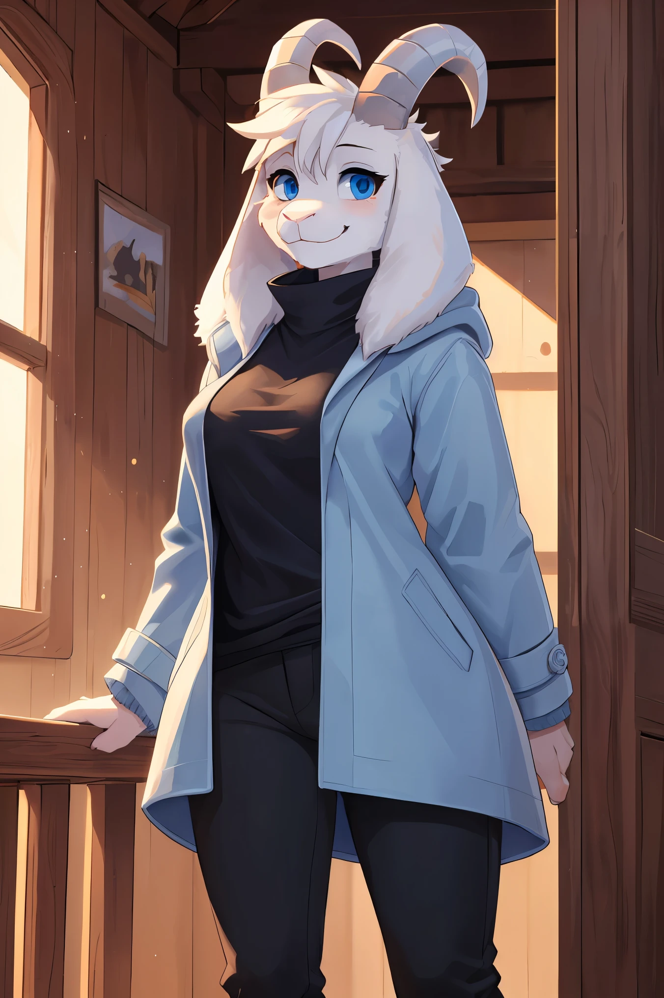 woman, young adult, alone, in a house, hairy, goat, anthropomorphic goat, Asriel, Undertale ((Asriel Dreemurr)), large medium breasts, big ass, medium hips, perfect body, tall, ((long hair, long hair white)), blue eyes, anthropomorphic face, cartoon, smile, Eskimo coat ((blue coat, no drawing, Eskimo coat)), metacarpal paw, black blouse ((black shirt, black pants)), goat's tail , short horns, white horns ((droopy ears, big ears)), looking at the viewer, goat paw, anthropo paw, detailed, best quality, best detail, details and quality.