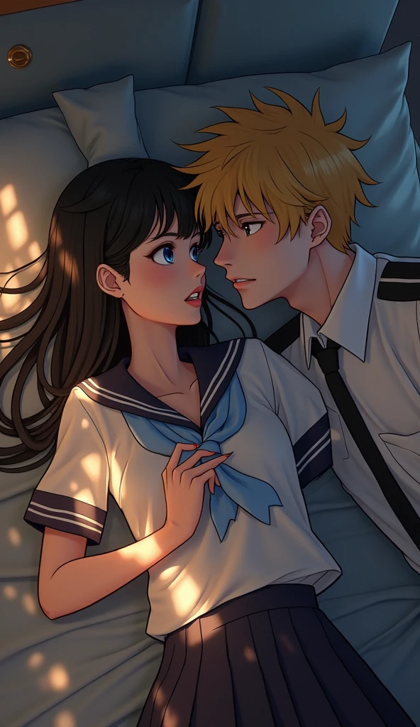 (32K:1.9, Photorealistic:1.9, Highest quality, masterpiece, Ultra-high resolution), Perfect dynamic composition:1.3, Highly detailed skin and facial textures:1.3, (Cute sexy slim Japanese schoolgirl, Height: 155cm), (Slim man, Length 180cm), ((Both of them lie on the bed, A man gives a woman a pillow:1.3, to kiss:1.4)), Fair skin, ((Clarity:1.1)), (The guy has a great uniform:1.3, Bright yellow hair, beautiful目:1.3), (The woman is wearing a uniform with a light blue tie..:1.3, Straight black hair.:1.3, smile:0.9, A man completely charms a woman:0.9, beautiful Blue Eyes, beautiful, Clear Eyes:0.8), Sexy Face:0.4, blush:1.1, (beautifulエロティシズムを醸し出す雰囲気:0.8, Professional random camera work, Cinematic Lighting Effects, romantic, mysterious), (Too erotic), Object of admiration, original, dramatic, artistic, Innovative, charm, Heartful, Fancy, Tilt, sense of loss, special, exciting, Extreme, sense of openness, joy, joyの表現, ((若さのcharm, 女性的なcharm))
