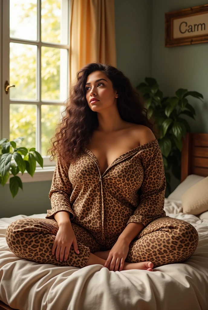 beautiful plus size woman, sitting on bed, wearing loose off-shoulder Cheetah print top, pajama Cheetah print pants, long brown curly hair, indoors, soft lighting, plants in background, window with sunlight, cozy room, relaxed pose, realistic, intricate details, warm colors, with words CARM on the wall by Greg Rutkowski, by Alphonse Mucha
