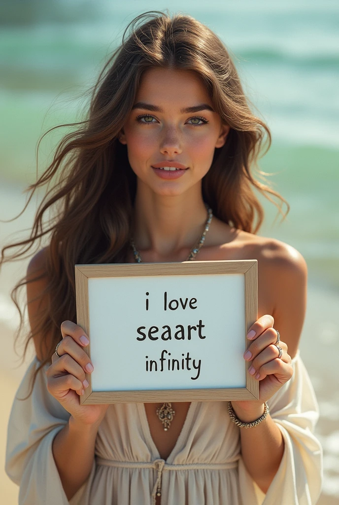 Beautiful girl with wavy long hair, bohemian dress, holding a white board with text "I Love Seaart Infinity" and showing it to the viewer