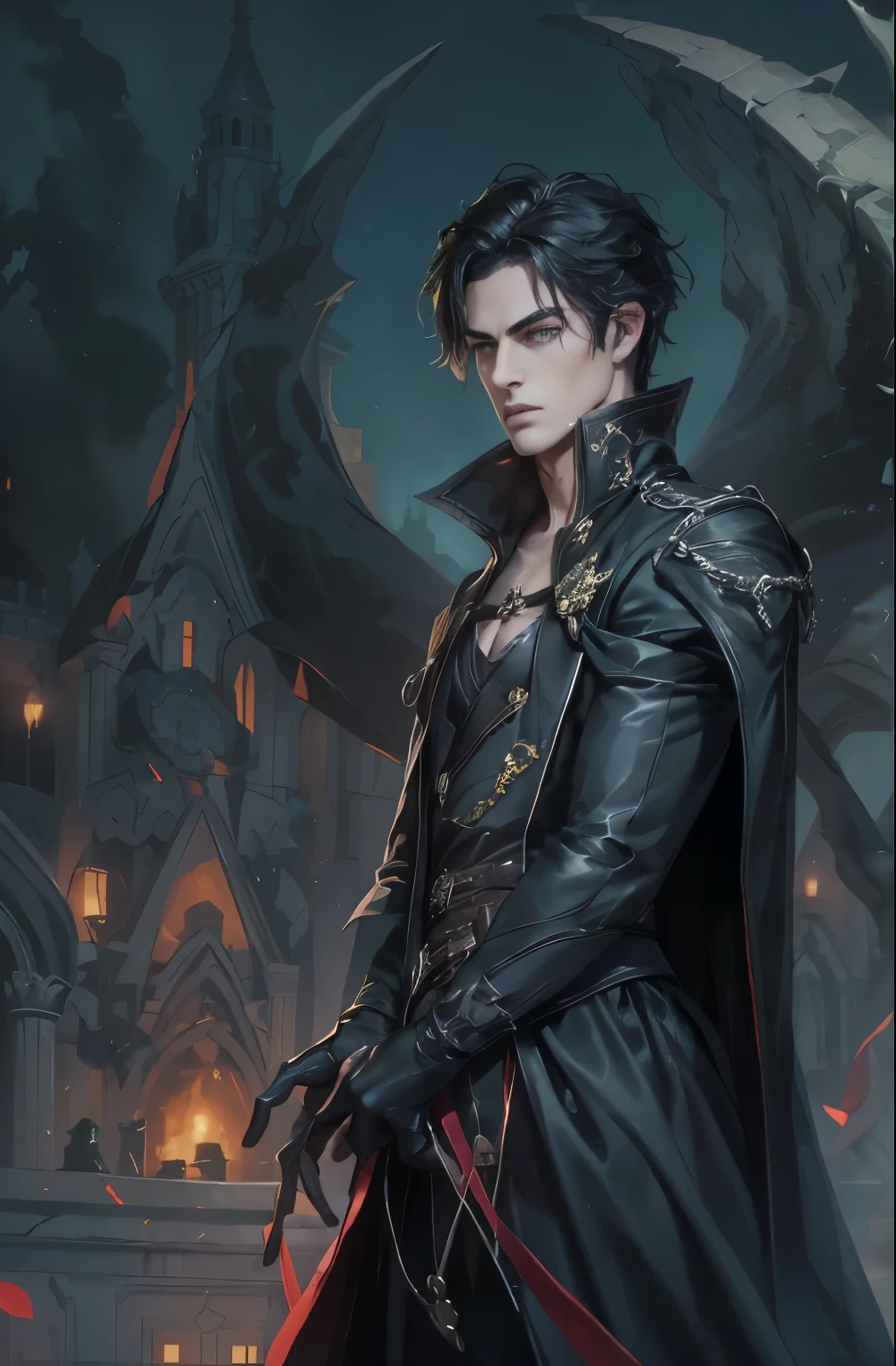 (an androgynous male assassin:1.1),wild black hair,green eyes,slim,black assassin clothing,in a castle,medium:oil painting,detailed background,moody lighting,vivid colors,dark and mysterious ambiance,ominous atmosphere