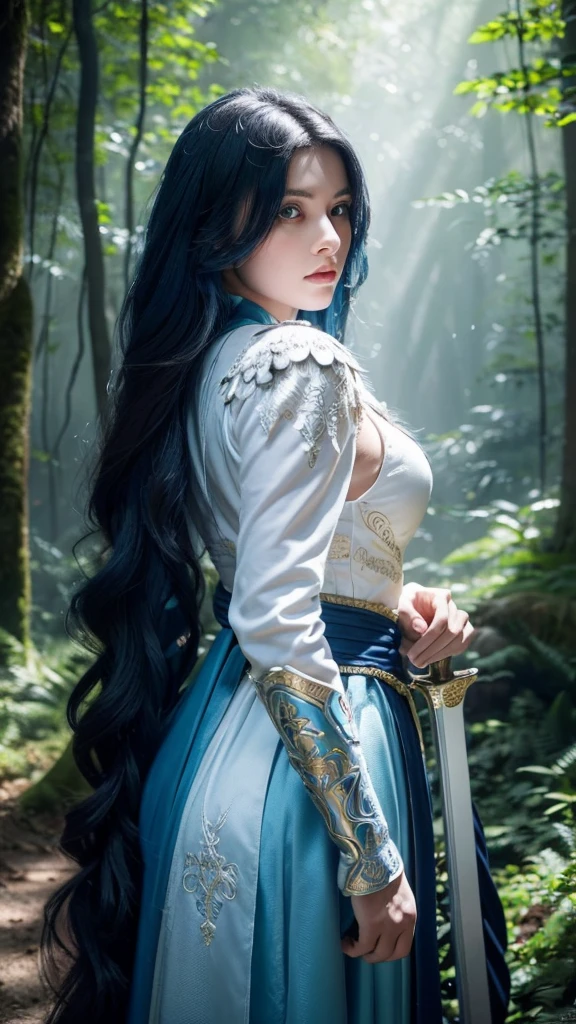 In a dark, dense forest filled with towering trees and mist, a fierce female warrior is locked in combat with a monstrous creature. She has flowing, long blue hair that cascades down her back, matching her piercing blue eyes that shine with intensity. Her armor is a stunning shade of blue, intricately decorated with delicate white patterns that catch the faint light filtering through the trees. The armor is both elegant and strong, protecting her as she swings a massive blue sword with both hands. The sword, nearly as tall as she is, gleams with a mystical energy as she fights with unwavering determination. The scene captures the tension and ferocity of the battle, with the forest around them alive with movement and shadow.”