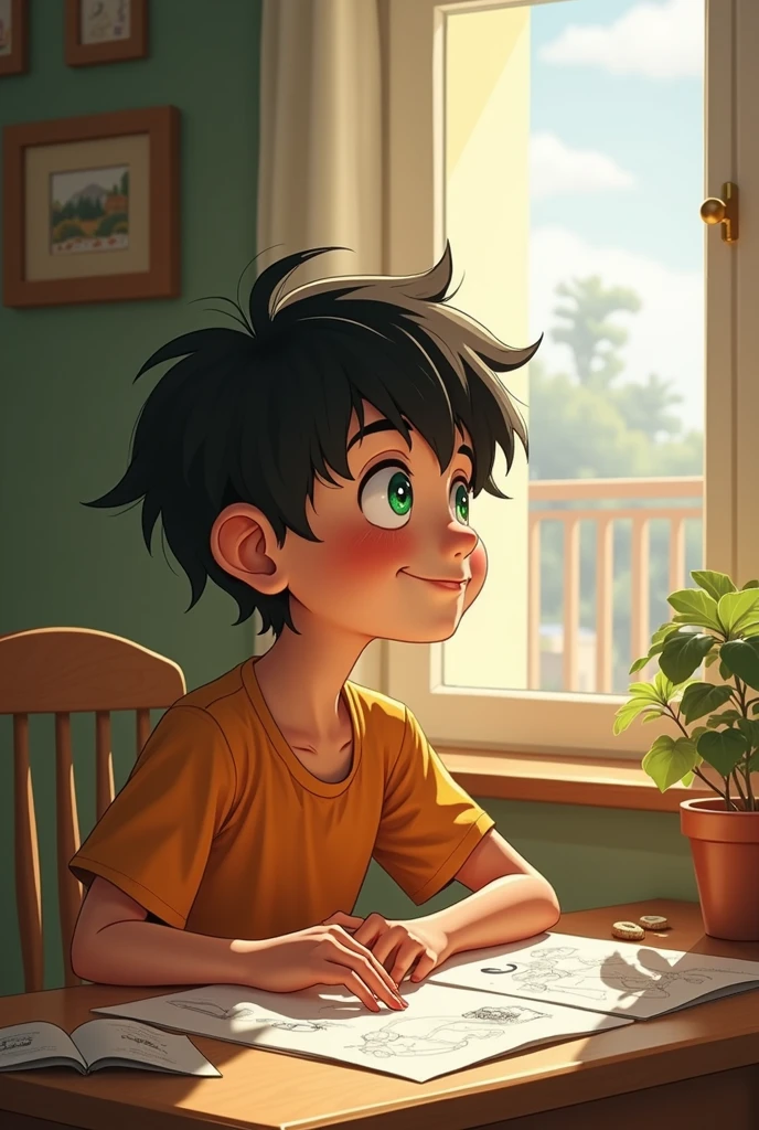 1 white boy with green eyes and disheveled black hair smiling looking out a window sitting at a desk next to a balcony with a paper notebook with drawings