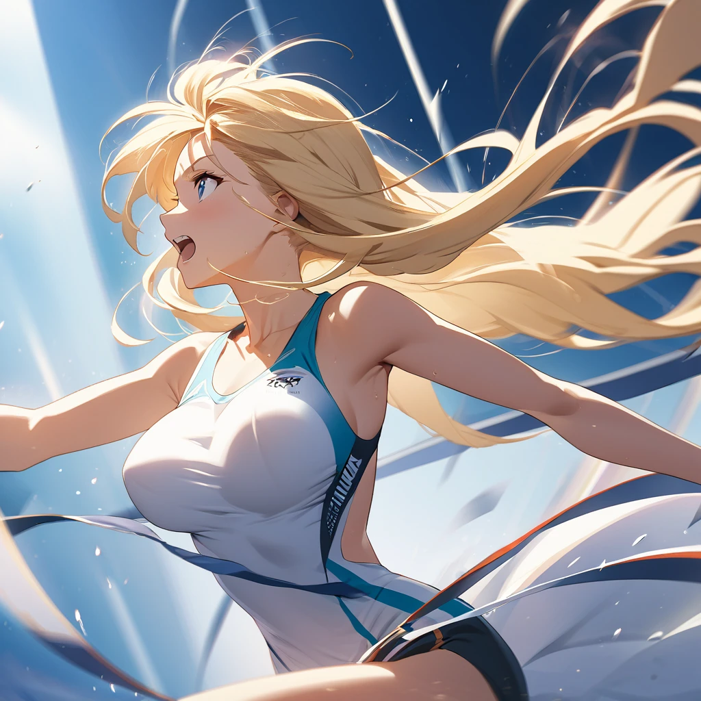 A beautiful anime-style illustration of a marathon runner girl breaking the finish line with her chest. She has a stunning profile as she runs at full speed, her long blonde hair flowing in the wind. Her sun-kissed skin radiates health and vitality. The image captures the intensity and grace of the moment as she triumphantly crosses the finish line.bouncing_breasts,