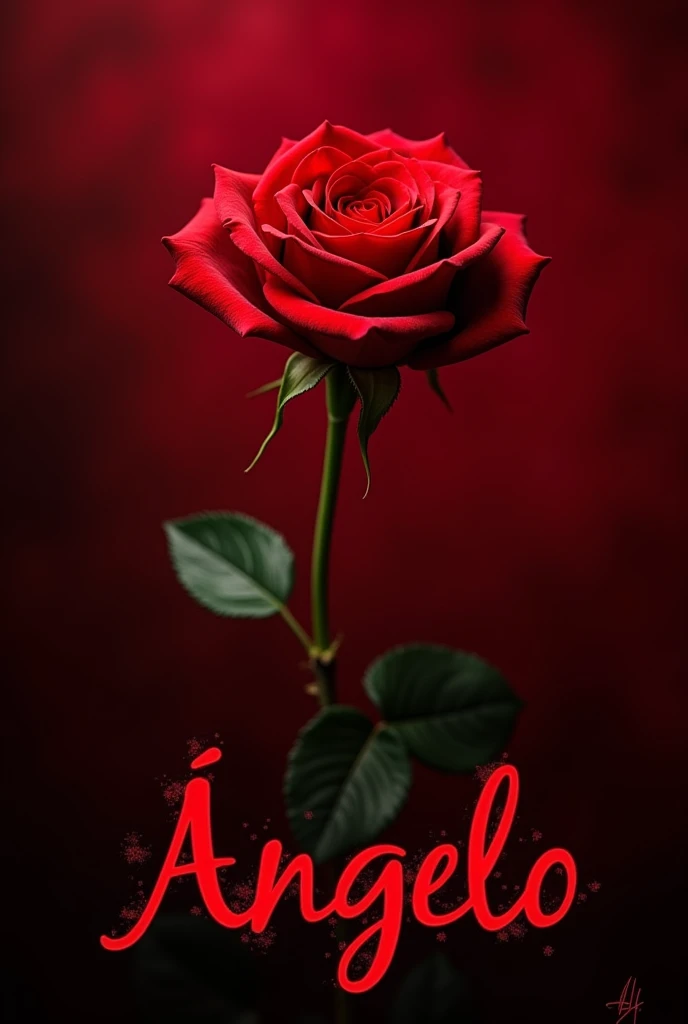 Create a soap opera cover with the name Ângelo highlighted in red, with a ruby ​​red background and a red rose in the image