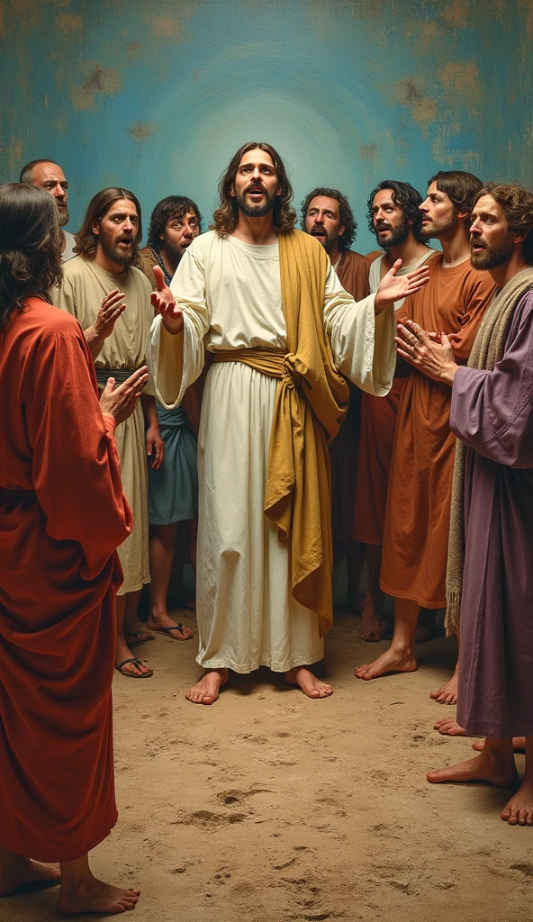 fresco style fused with modern surrealist painting and clay render, Jesus is in a speech teaching the disciples, in the background the disciples are terrified and exaggerated, vivid colors and soft edges that highlight Jesus as the main character, create rich and impressive textures on the ground, in the details of the characters and in the hands, use complementary color palettes creating a professional and formidable illustration