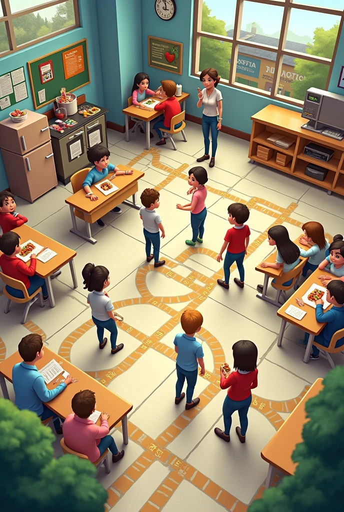 Board game using real life classroom nutrition and contamination with restaurant, hospital, mercadk