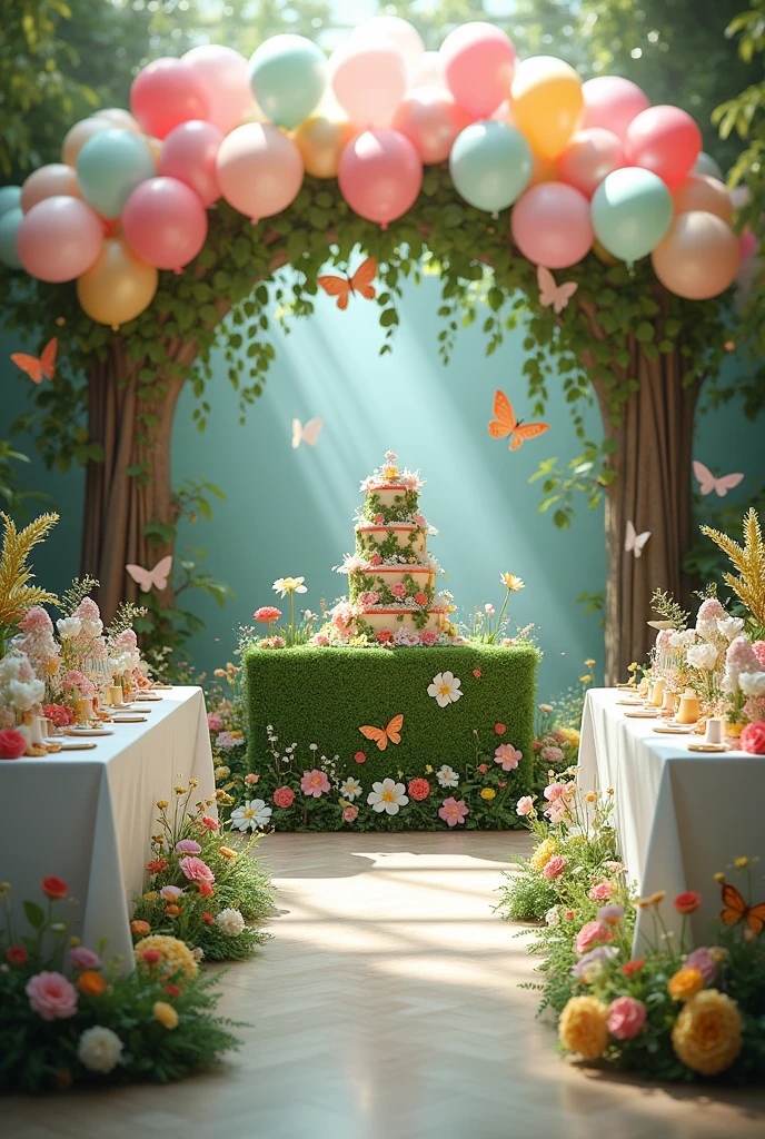 decoration is a real fairy tale. The hall is filled with colorful flowers, paper butterflies and small green bushes that create the feeling of a magical garden. There is a cake table decorated with a lush floral arrangement and a themed birthday cake, covered with layers of green fondant and sugar flowers. Pastel colored balloons float around, and the tables are adorned with white tablecloths and fresh flower arrangements.