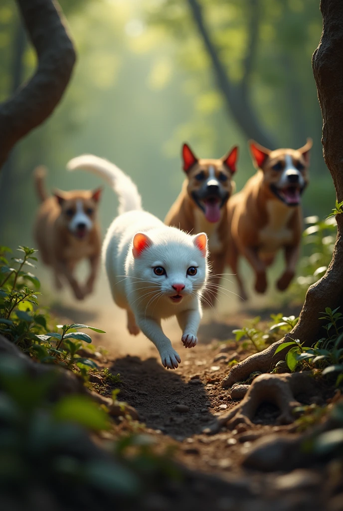 White stoat going to its den chased by angry pitbull dogs