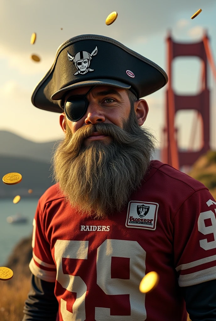A young bearded human gold miner like Sourdough Sam, do san francisco 49ers, with the 49ers jersey and 49ers symbol but the face being the pirate from the raiders symbol with an eye patch and black raiders pirate hat in the background being the golden state bridge with gold coins falling from the sky 
