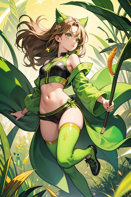 She has a green cat suit consisting of a green crop top, which shows her belly button, green eyes, light brown hair, with a green cattail and black shoes with a flower and gold rings around her ankles. SPARKLE; GLITTER
