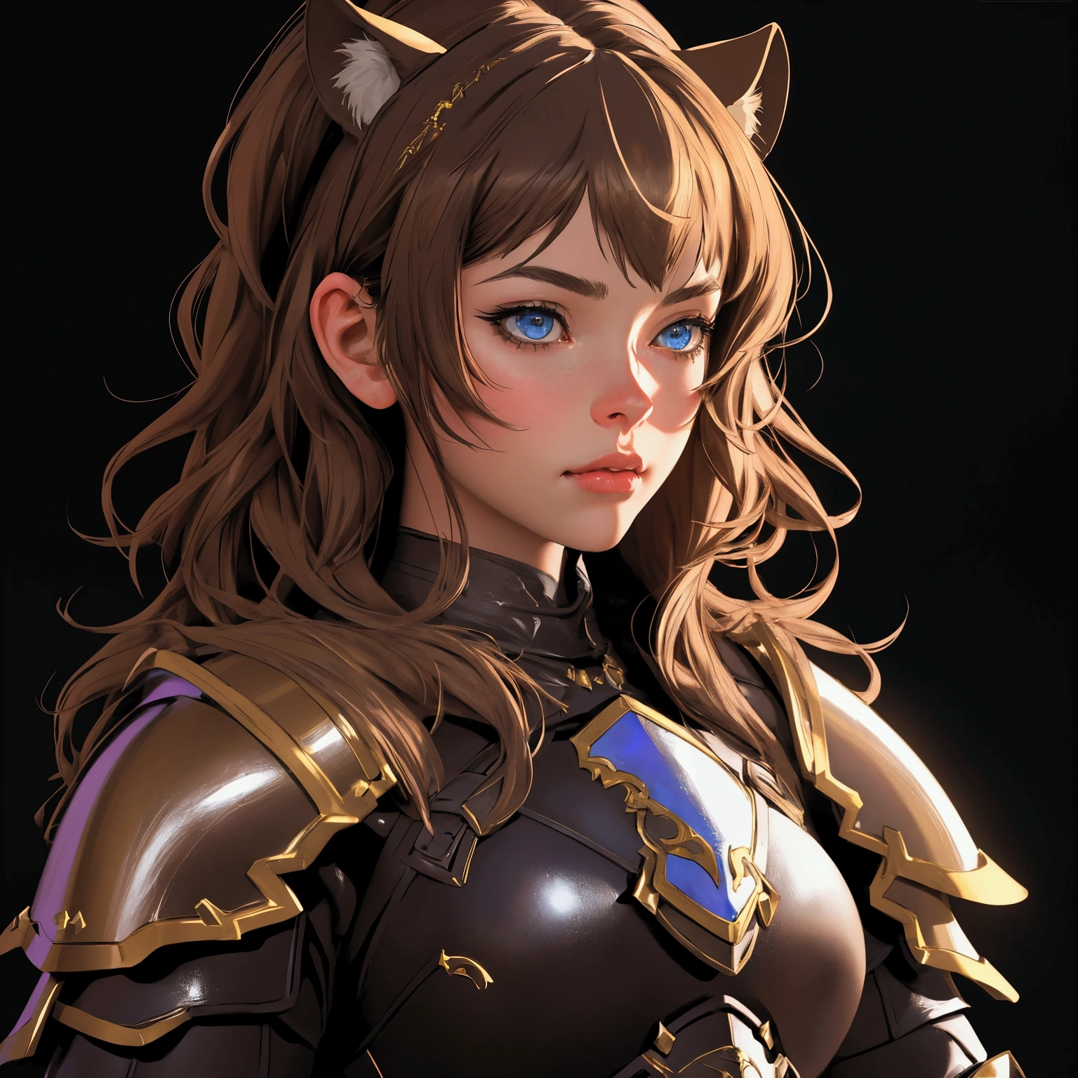 envision a 8k, highres, cinematic, beautiful close up portrait of a girl with pretty mature features with brown hair, animal ears, leather armor, fantasy armor, jrpg inspired armor, tail, in dark lighting, against a dark gray background