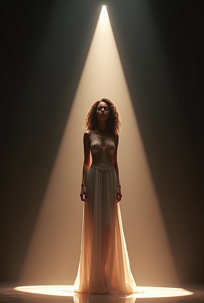  brunette teenage girl.60 height curly hair , singing with elegant, realistic and modern dress on a stage with an inverted triangle body