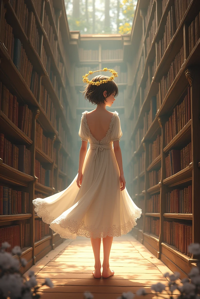 Girl standing barefoot in an ancient Romania huge library , wearing white gown, have short hair, have Golden flower wreath , the perspective is from behind, she is happy, she give clam aesthetic vibe, she also gives anime vibe, the bookshelfs won't be blur