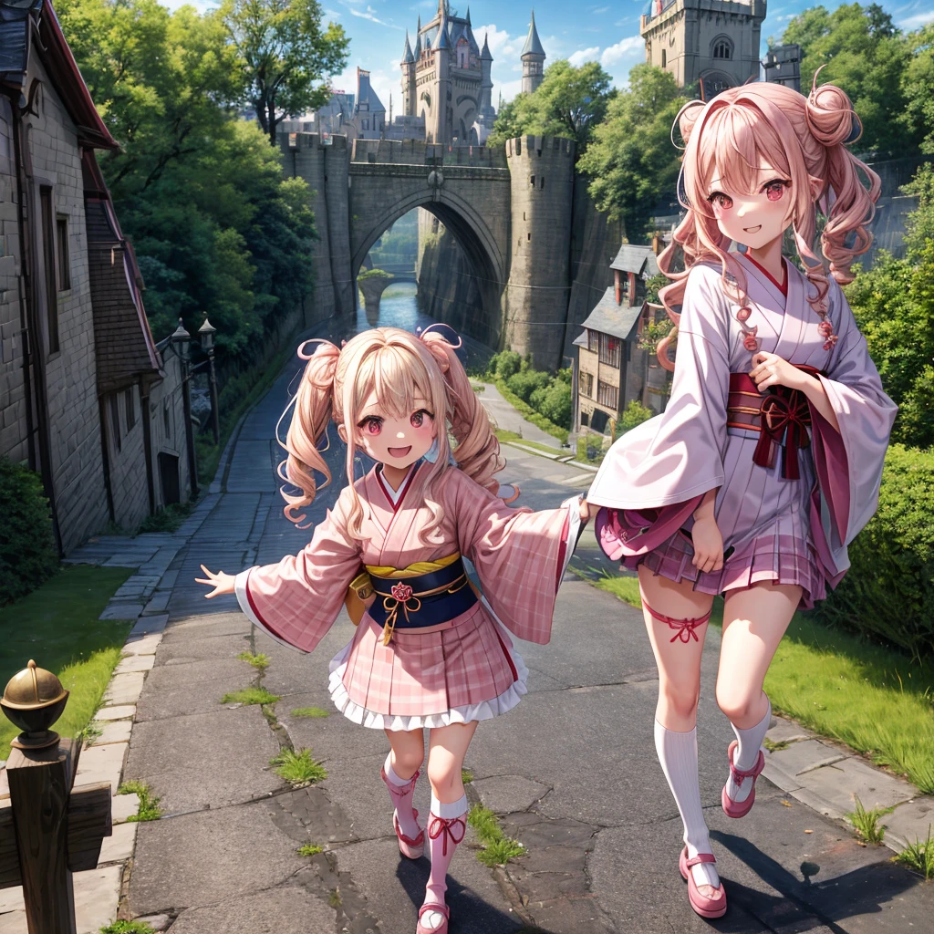 Pink Blonde、Red eyes、Wavy Hair、Hair tied up、Two cute、Checked mini skirt、kimono、Light clothing、Knee-high socks、Teeth are visible、Monster Castle、Tilting face、grass、In front of the city gates、Underground tunnels、Iron suspension bridge、The stone is cracked、Giant wood、There is a step on the ground、it&#39;s raining、Holding a sword、Cobblestones、The light is pouring down、Stone Wall