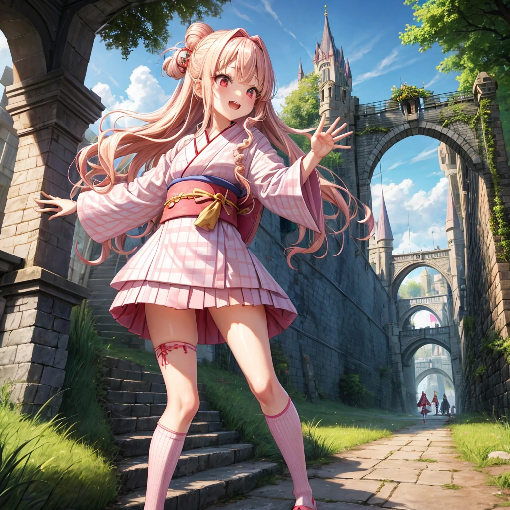 Pink Blonde、Red eyes、Wavy Hair、Hair tied up、Two cute、Checked mini skirt、kimono、Light clothing、Knee-high socks、Teeth are visible、Monster Castle、Tilting face、grass、In front of the city gates、Underground tunnels、Iron suspension bridge、The stone is cracked、Giant wood、There is a step on the ground、it&#39;s raining、Holding a sword、Cobblestones、The light is pouring down、Stone Wall