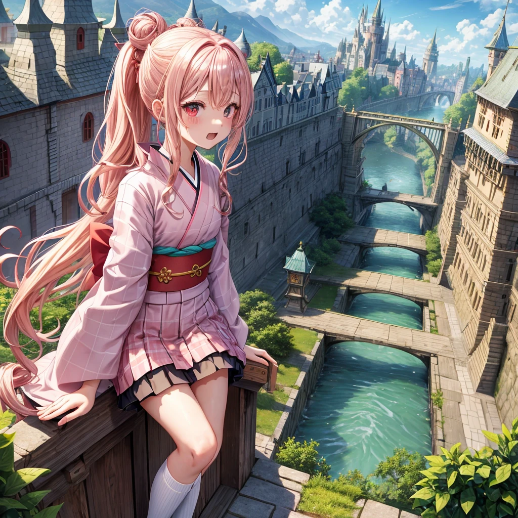 Pink Blonde、Red eyes、Wavy Hair、Hair tied up、Two cute、Checked mini skirt、kimono、Light clothing、Knee-high socks、Teeth are visible、Monster Castle、Tilting face、grass、In front of the city gates、Underground tunnels、Iron suspension bridge、The stone is cracked、Giant wood、There is a step on the ground、it&#39;s raining、Holding a sword、Cobblestones、The light is pouring down、Stone Wall