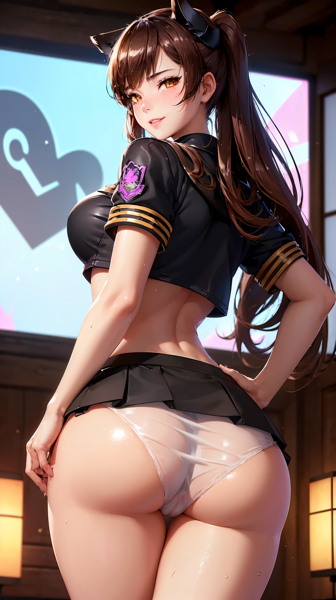 (masterpiece), (best quality), (intricate details), high resolution, visually stunning, sidelighting, (((amber eye colour which glow)), deep shadow, School Background, (Dva from overwatch), (wearing a Japanese schoolgirl outfit but the top is wet and seethrough), brown hair, heart-shaped pupils, , seductive smile, cinematic lighting, sparkle, ray tracing, backlighting, ((super shiny face)), thick thighs with skinny body, (winking at pov), from behind, ((big ass))